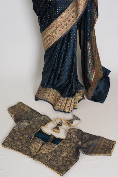 Ratri | Navy Blue Semi Mashru Banarasi Saree | Pre-Stitched Size 44 Blouse image 2