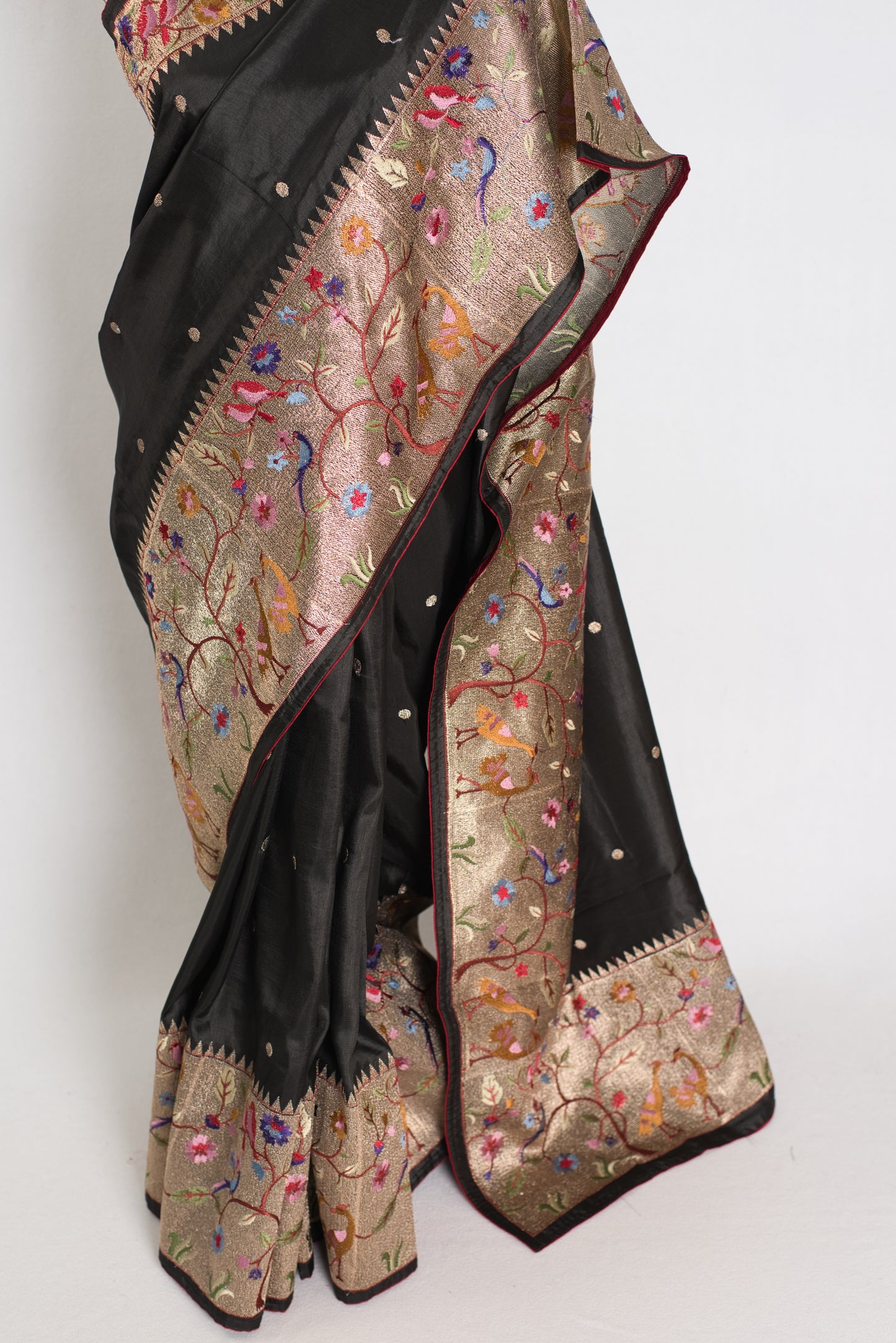 Brinda : Semi Tussar Silk Paithani Embroidered Black Designer Saree image 5