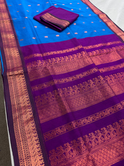 Ankhi: Bright Blue and Purple Blended Cotton Gadwal Saree image 2