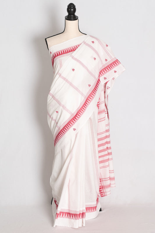 Shweta: White and Red Soft Cotton Dhaniakhali Bengali Saree image 0