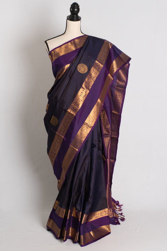 Meghvarsha : Dark Bluish Purple Handwoven Kanjivaram Silk Saree image 0