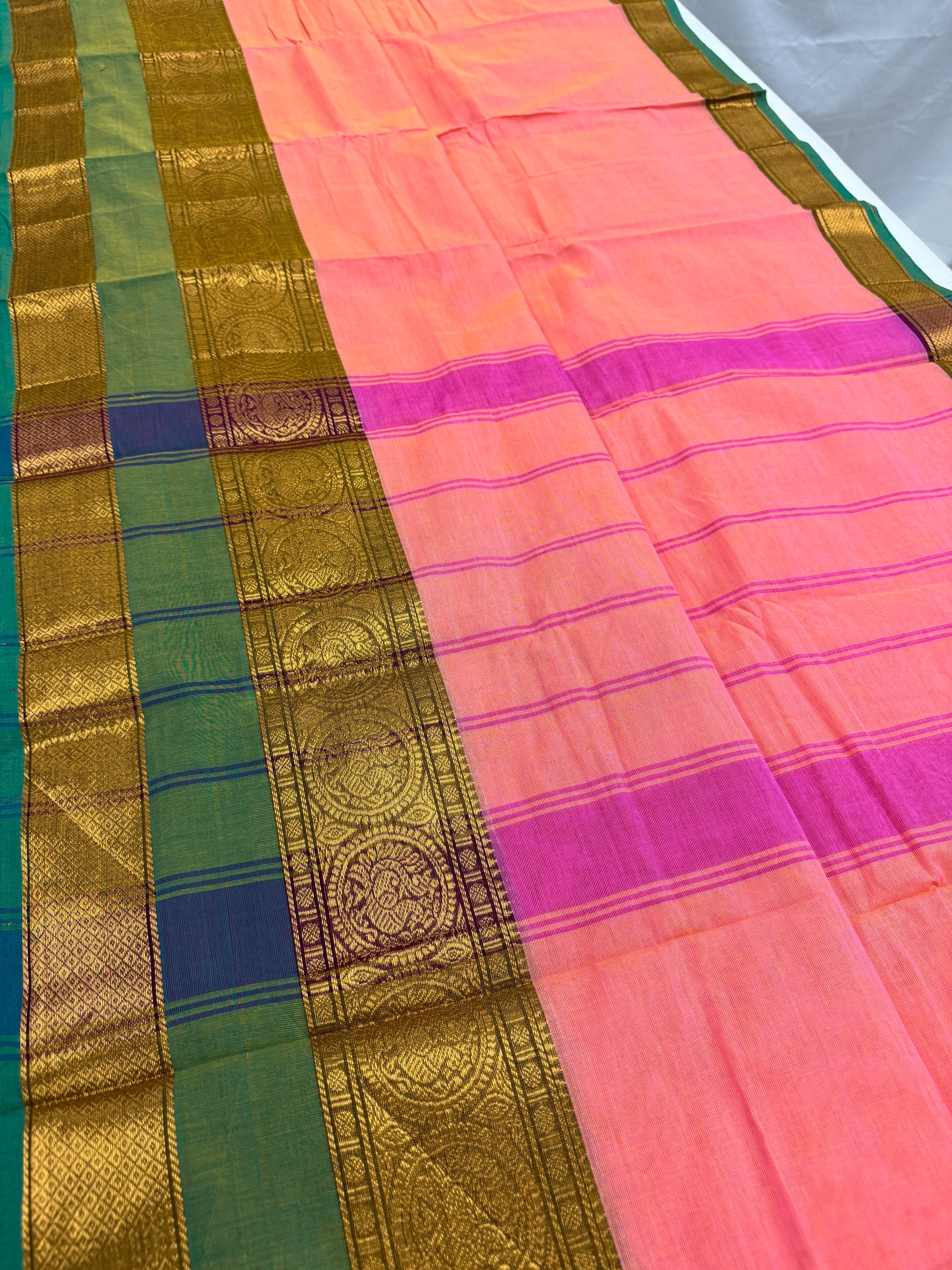 Bhumi : Handwoven Kanchi Cotton Saree in Peach and Green image 3