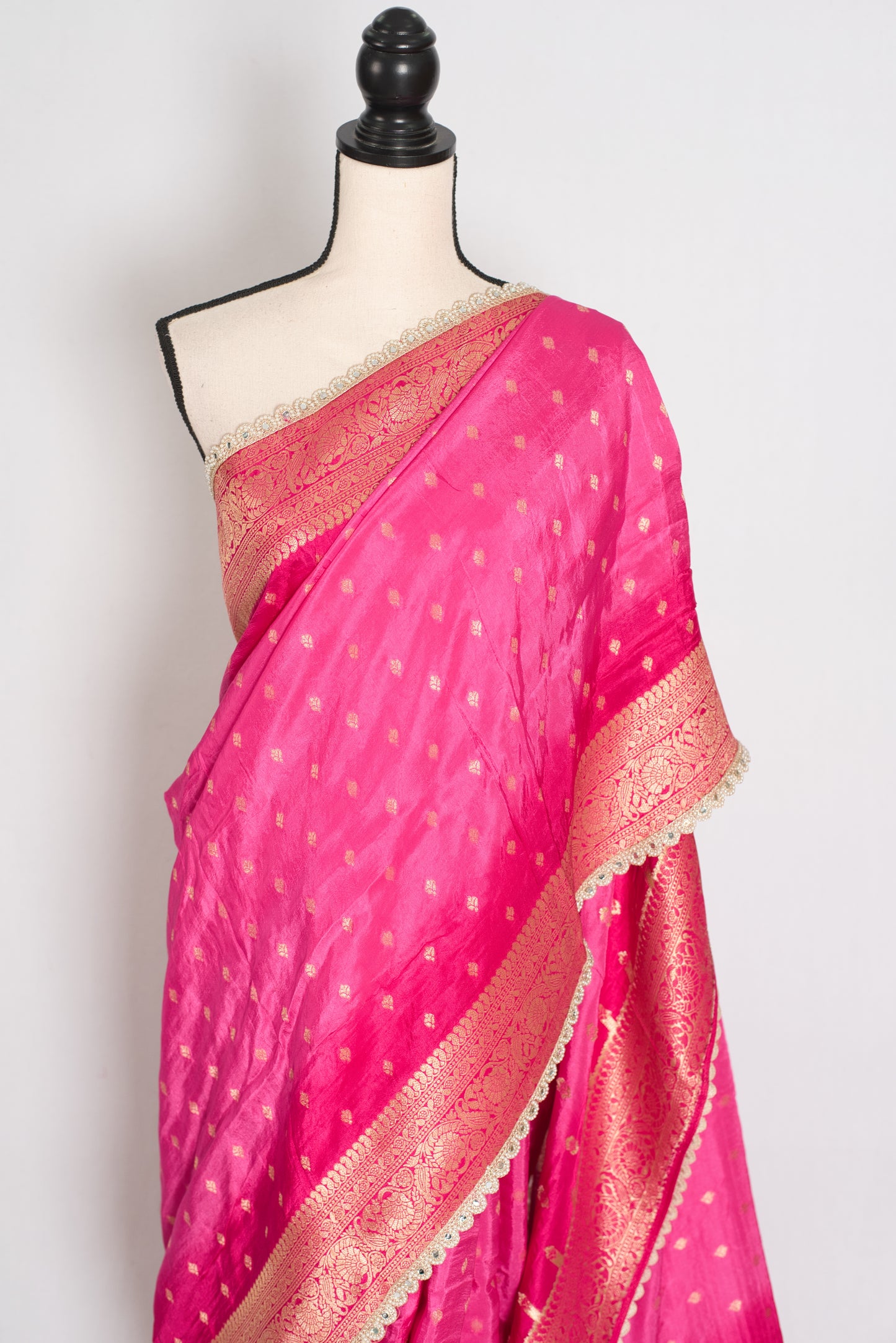 Abira | Pink & Gold Dola Silk Banarasi Saree | Designer Stitched Lace Border image 5