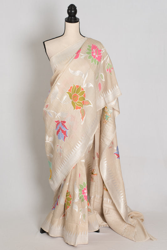 Naaz : Beige Tussar Georgette Banarasi Saree with 38 Size Stitched Blouse image 0