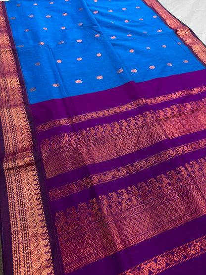 Ankhi: Bright Blue and Purple Blended Cotton Gadwal Saree image 0