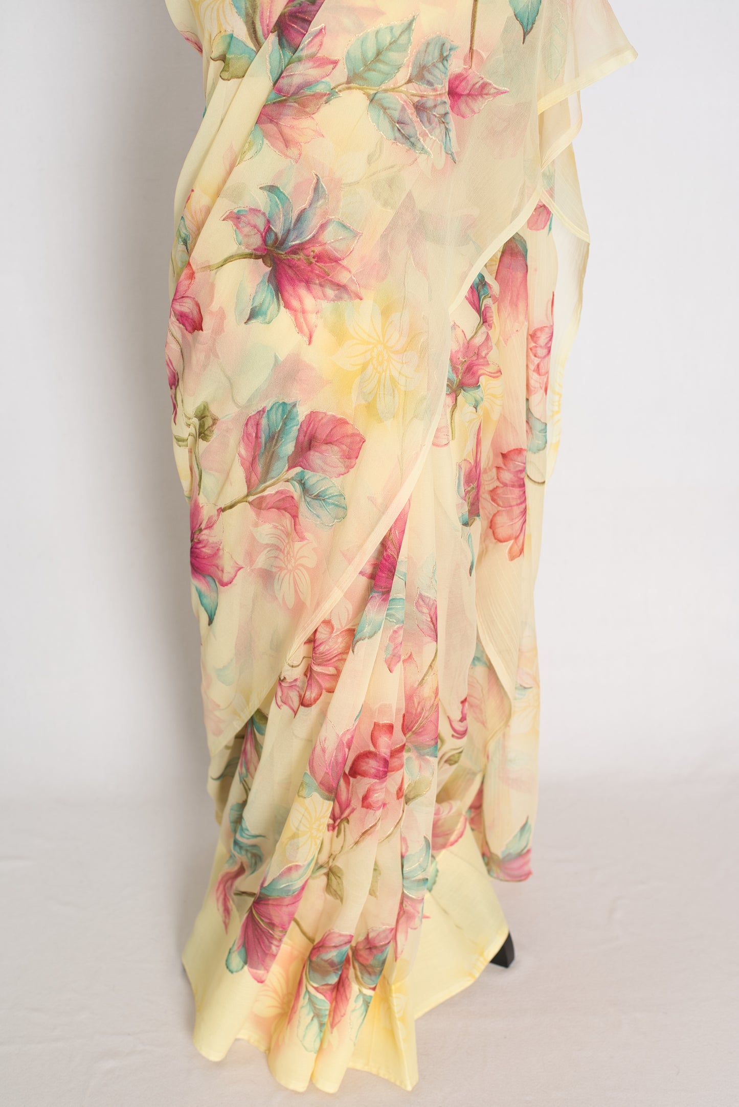 Sia : Light Yellow Floral Printed Chiffon Saree - Budget-Friendly Summer Drape image 5