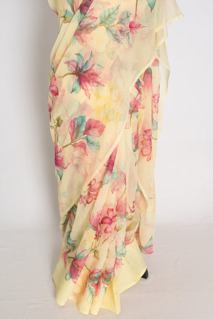 Sia : Light Yellow Floral Printed Chiffon Saree - Budget-Friendly Summer Drape image 5