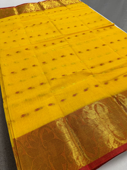 Yellow and Red Tant saree — detail view