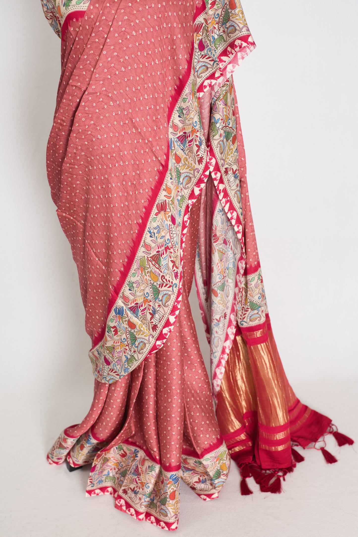 Bithi | Soft Pastel Pink & Beige Modal Silk Saree | Bandhani & Kantha Print image 5