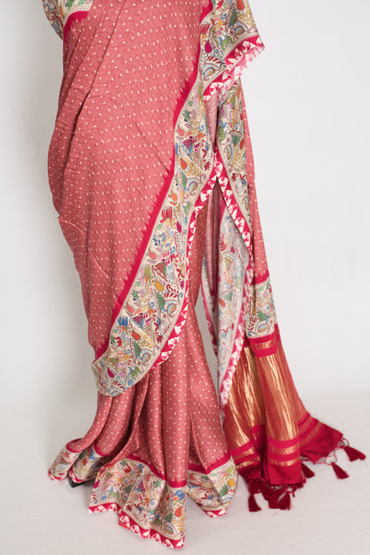 Bithi | Soft Pastel Pink & Beige Modal Silk Saree | Bandhani & Kantha Print image 5