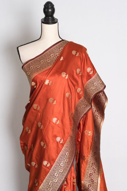 Mati: Rust Orange and Brown Semi Mashru Silk Banarasi Saree with 36 Size Blouse image 4