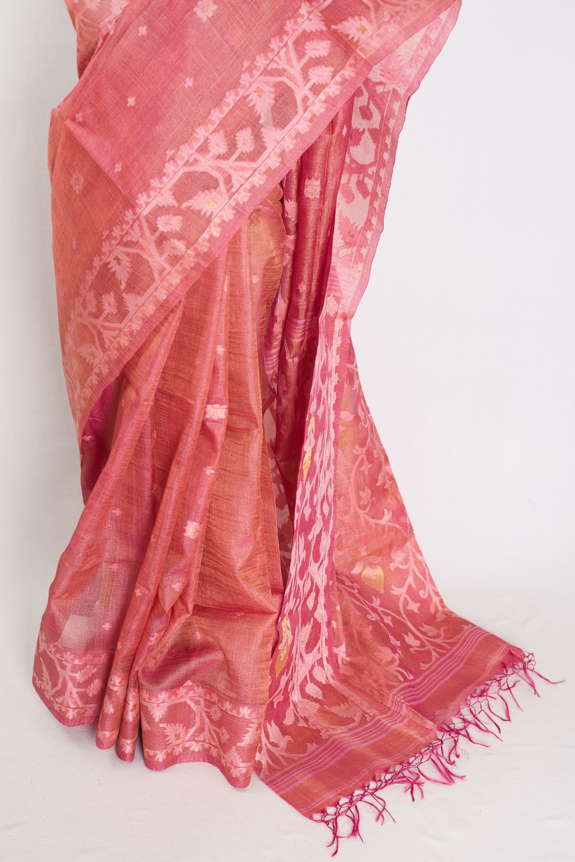 Urmi : Coral Pink Pure Bengal Tussar Silk Saree with Hand-Woven Jamdani Motif image 5