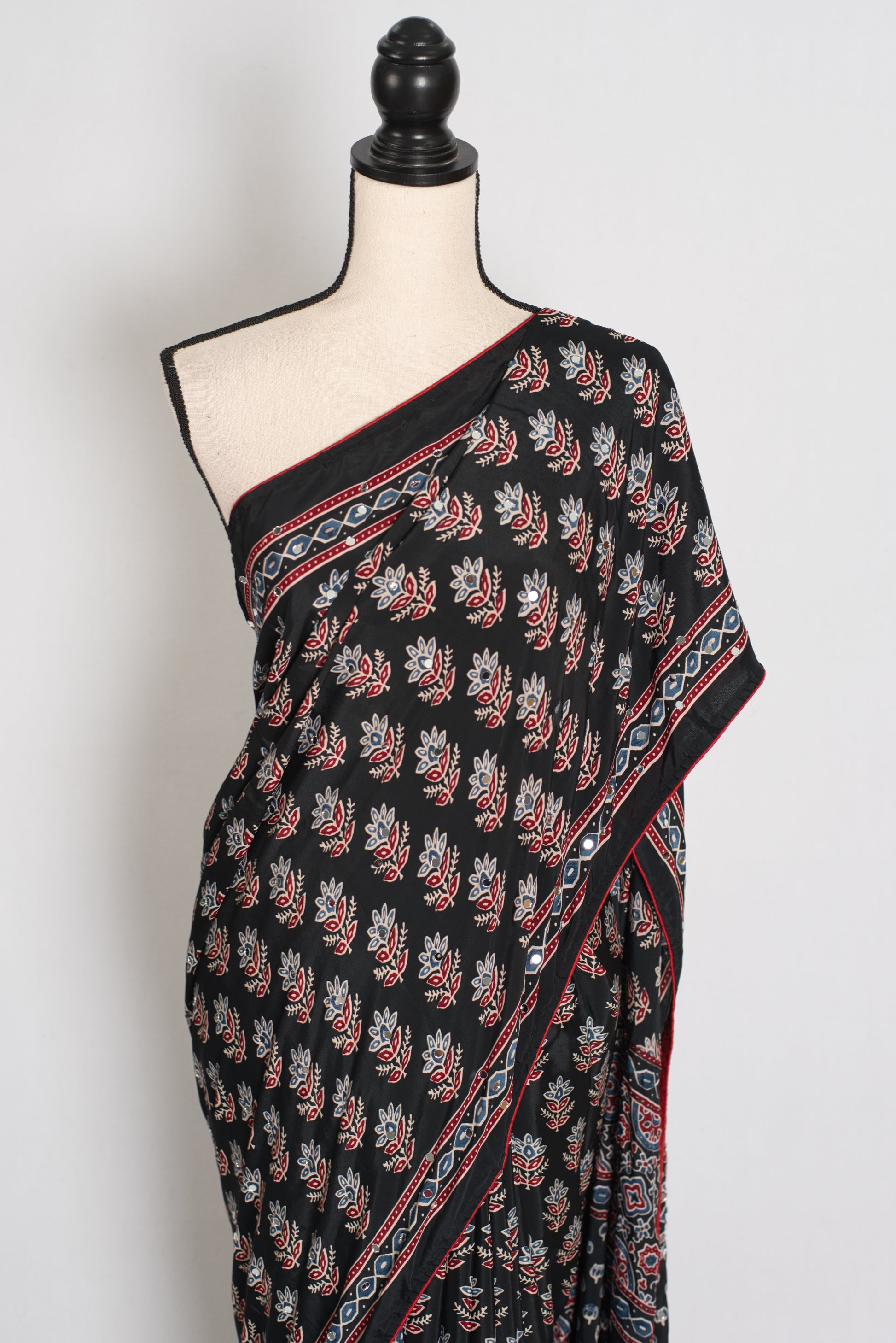Afrin | Black Ajrakh Printed Saree | Mirror Work Semi Modal Silk image 6