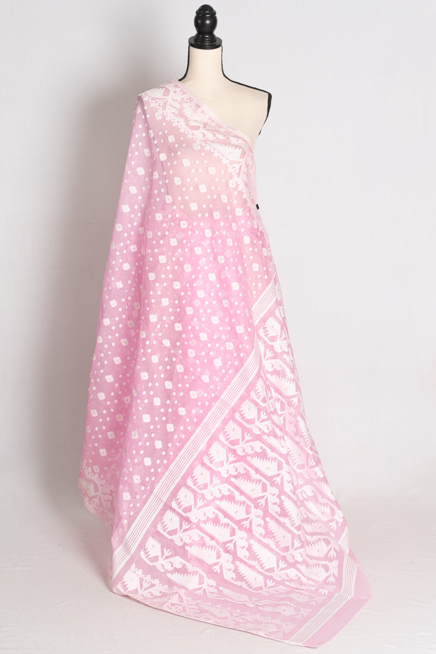 Mahua : Soft Pink and White Blended Soft Cotton Bengali Jamdani Saree image 1