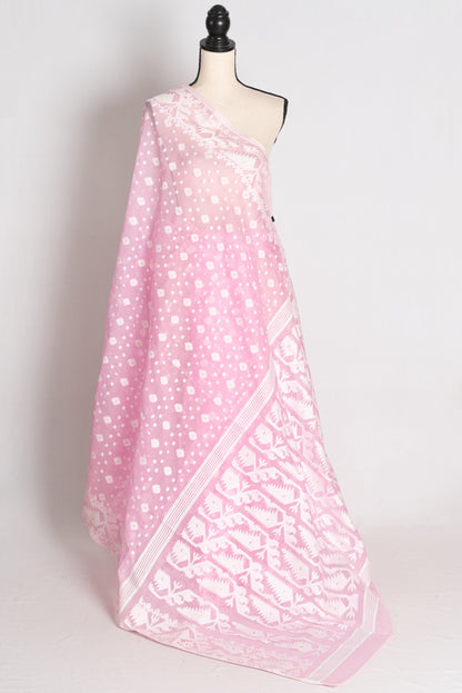 Mahua : Soft Pink and White Blended Soft Cotton Bengali Jamdani Saree image 1