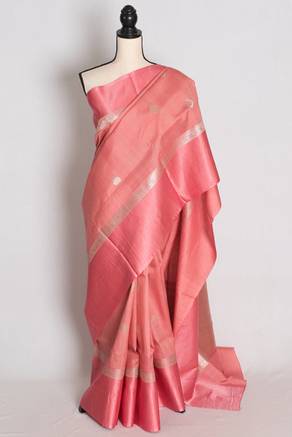 Anisha : Pastel Pink Tussar Silk Banarasi Saree with 36 Size Blouse image 0