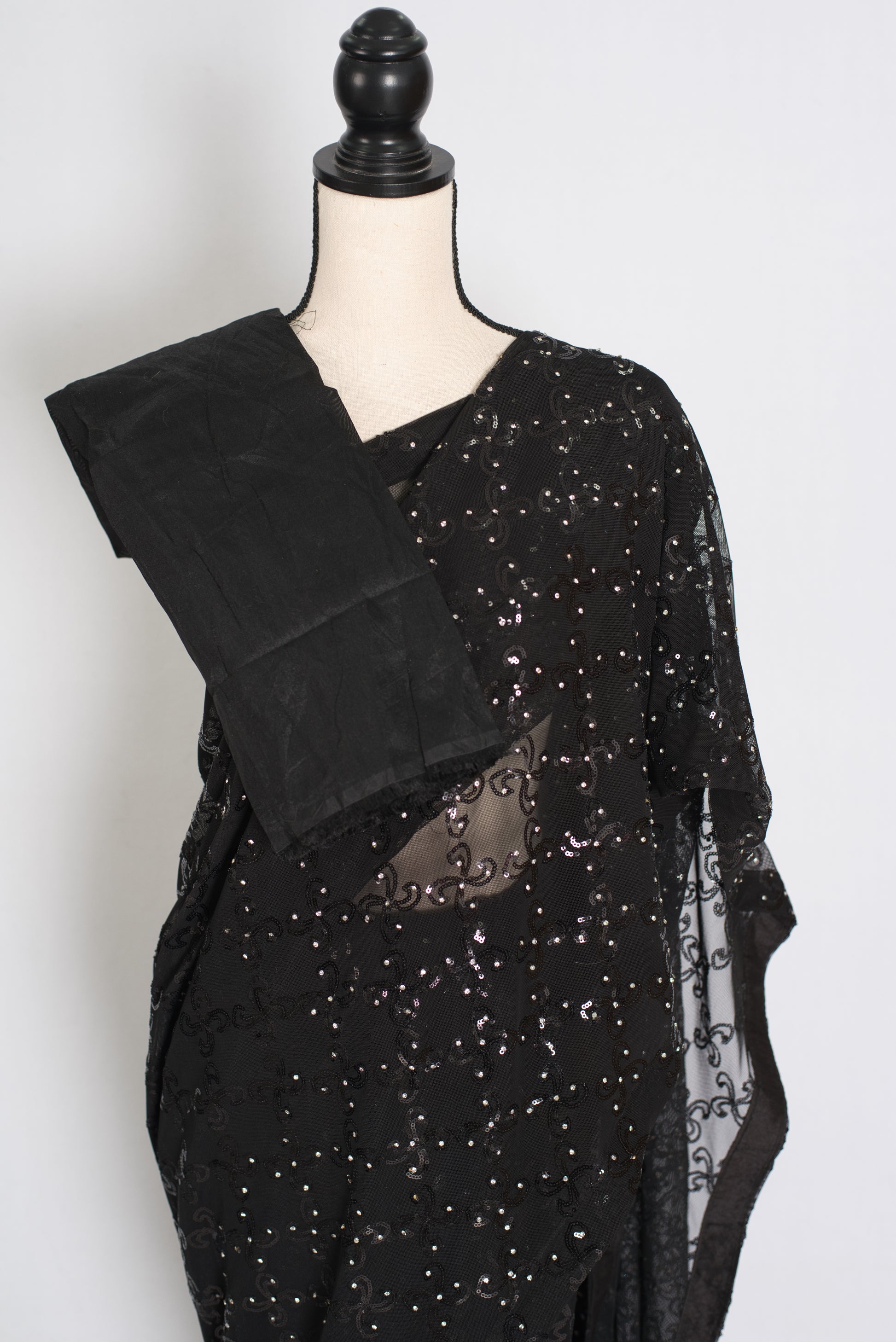 Kajaal | Black Soft Net Fitted Cocktail Saree| Sequins & Stone Embellishments image 2