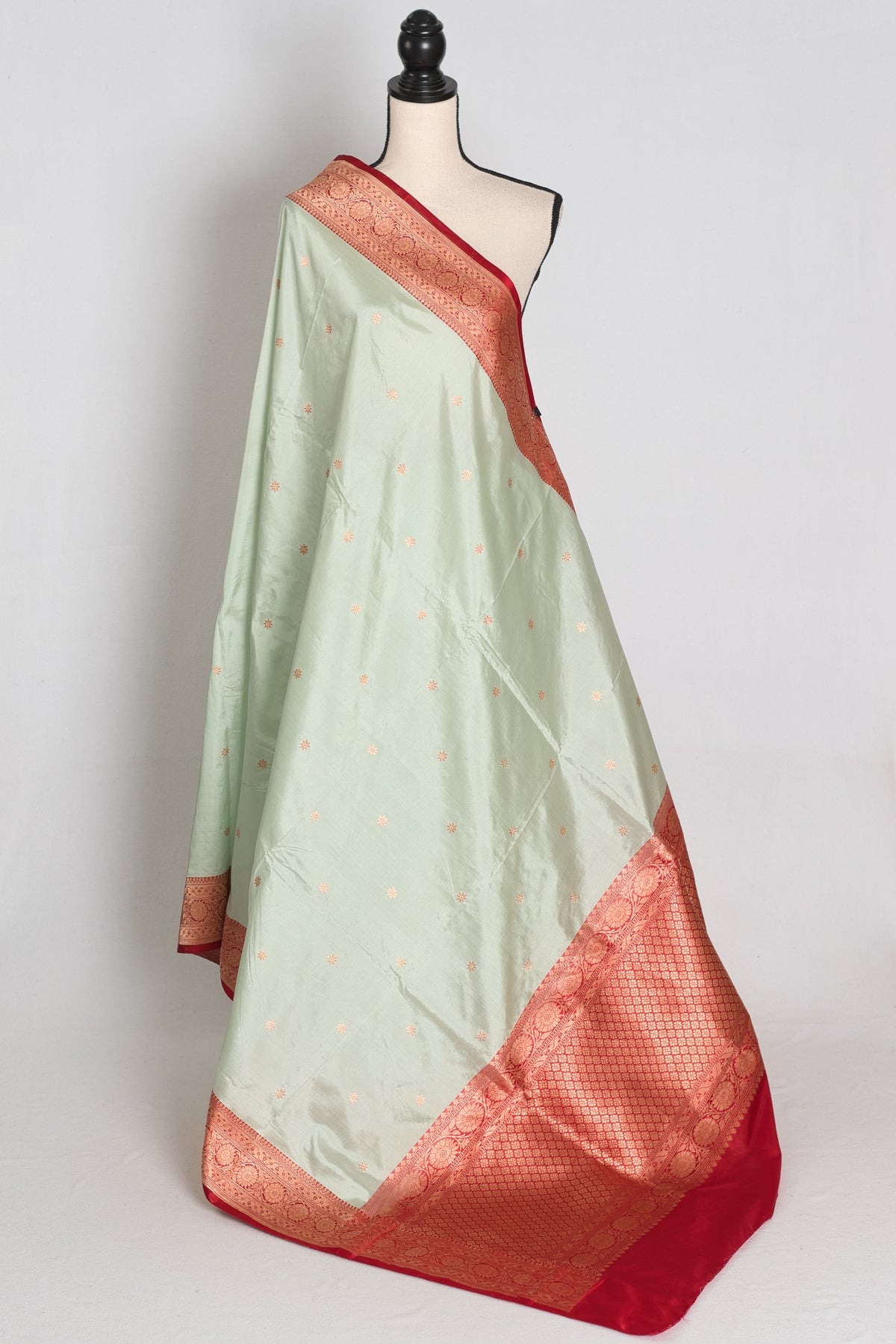 Pastel Green and Red Banarasi saree — front view