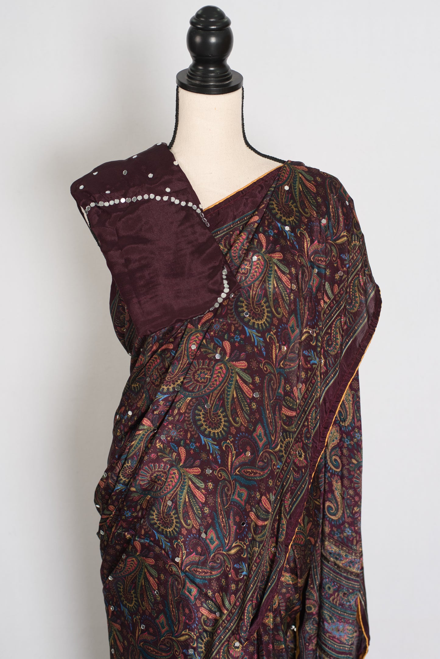 Nirja | Purple Kalamkari Printed Mirror Work Saree | Soft Semi Modal Silk image 2