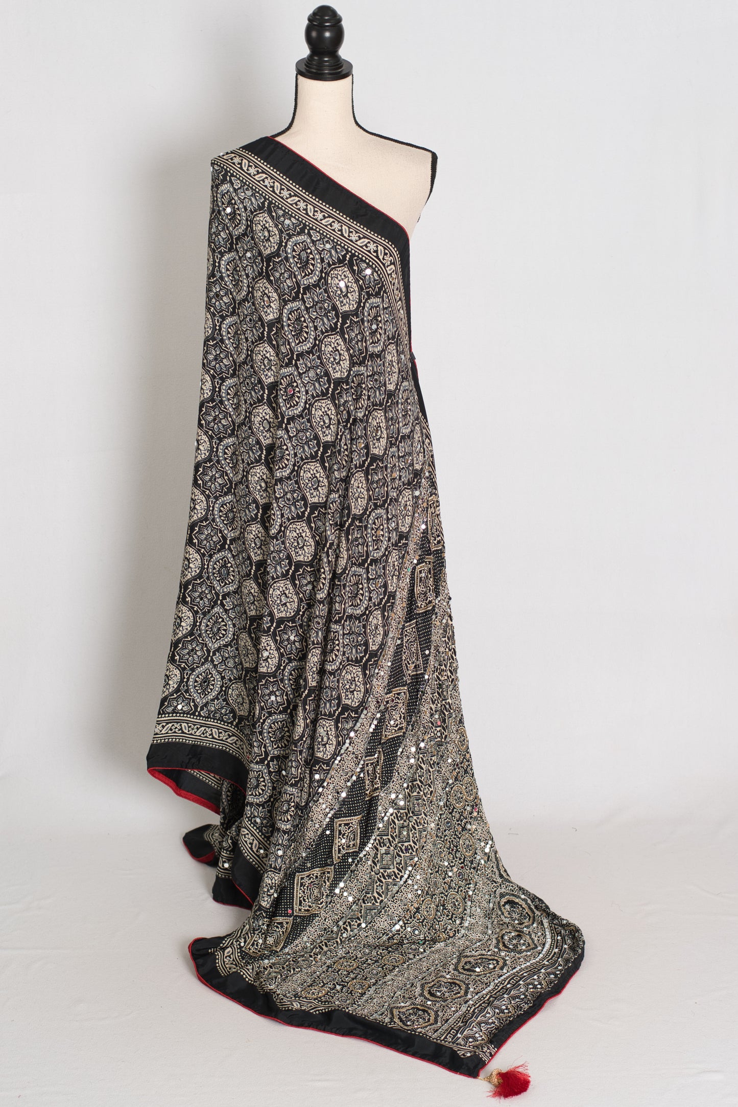 Ishq : Trending Black and Gray Semi Modal Silk Ajrakh Saree image 1