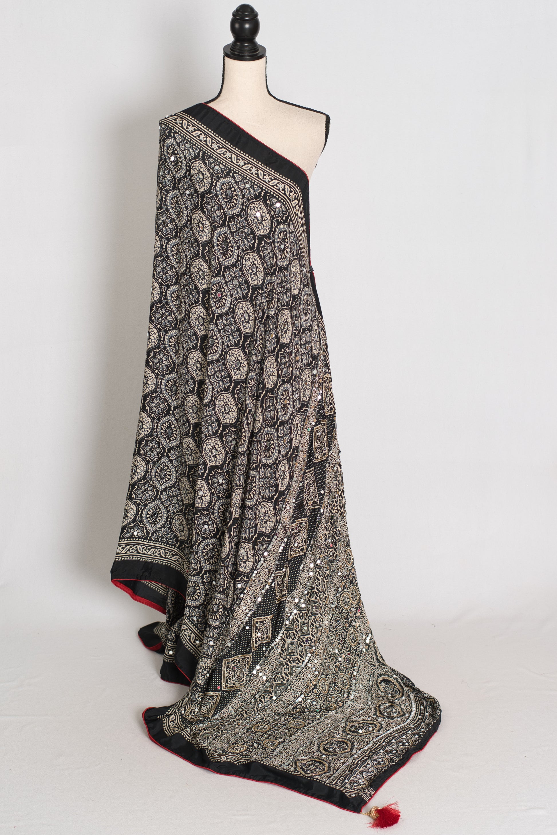 Ishq : Trending Black and Gray Semi Modal Silk Ajrakh Saree image 1