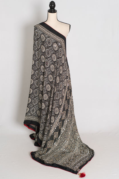 Ishq : Trending Black and Gray Semi Modal Silk Ajrakh Saree image 1
