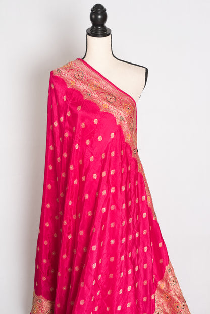 Afrin Pink and Gold Hand Embroidered Banarasi Saree with 36 Size Stitched Blouse image 5