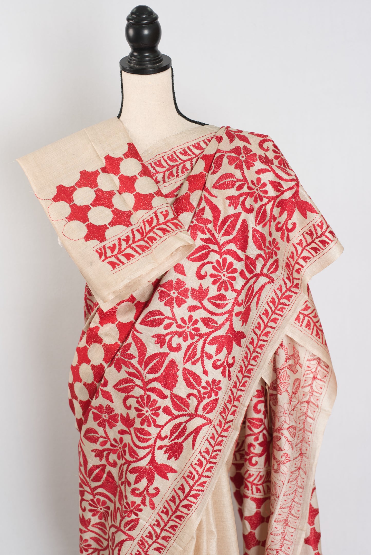 Ahiri | Beige and Red Kantha Stitch Gachi Tussar Silk Saree image 4