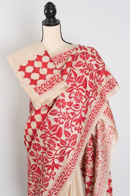 Ahiri | Beige and Red Kantha Stitch Gachi Tussar Silk Saree image 4