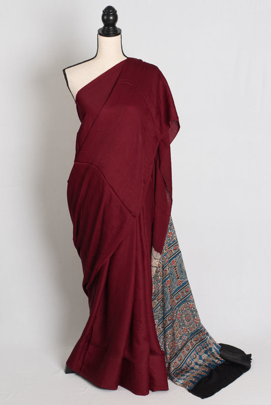 Leela : Dark Red Hand Block Printed Pure Modal Silk Ajrakh Saree image 0