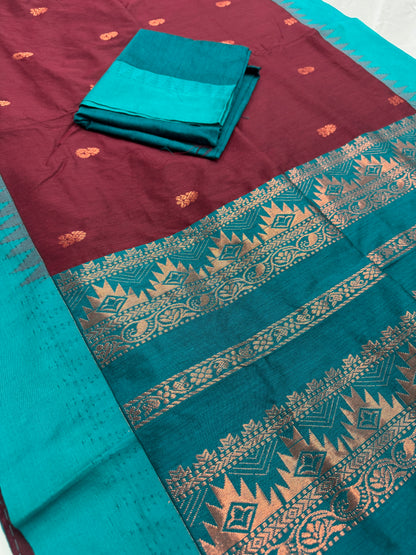 Pritha: Dark Brown and Sea Green Blended Cotton Gadwal Saree. image 2