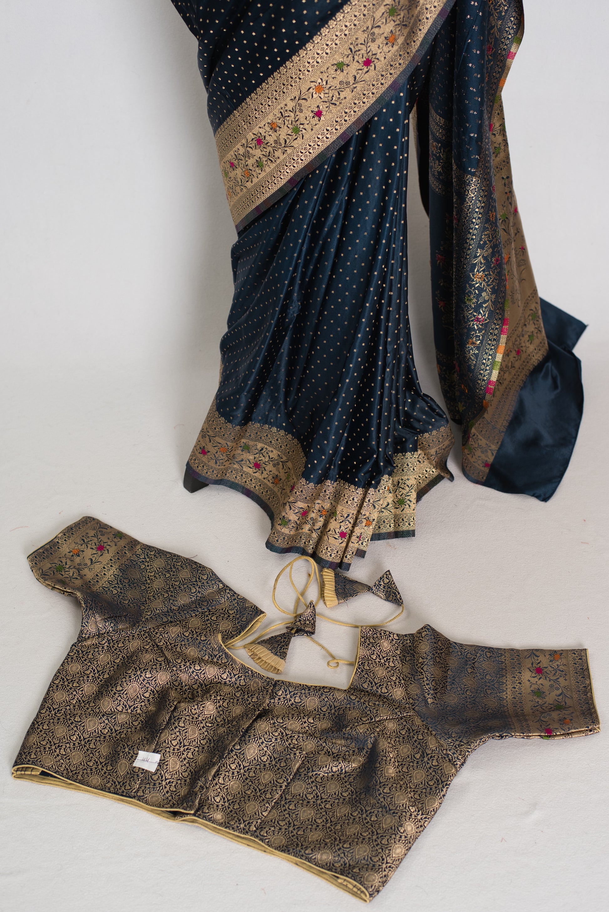 Ratri | Navy Blue Semi Mashru Banarasi Saree | Pre-Stitched Size 44 Blouse image 1