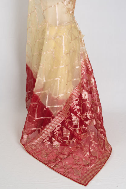 Rani : Beige and Red Semi Muslin Jamdani Saree with Cut Dana Embroidery Work image 3