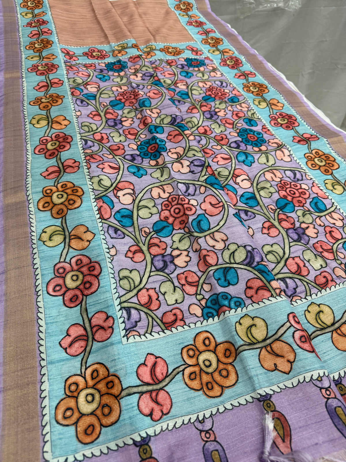 Brinda: Rustic Brown & Cerulean Blue Semi Tussar Saree | Floral Kalamkari Print image 3