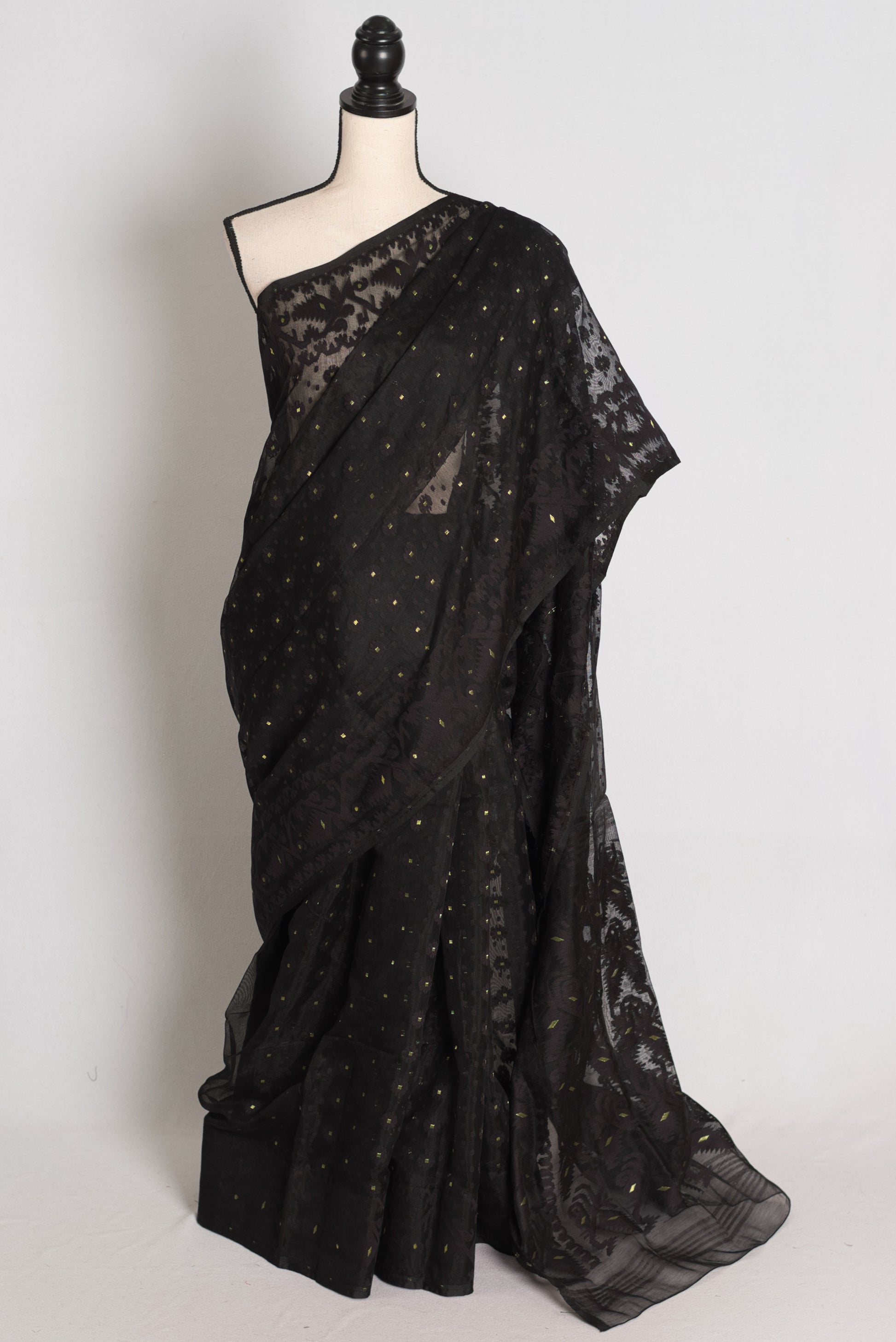 Koli : Midnight Black and Gold Soft Blended Cotton Bengali Jamdani Saree image 0