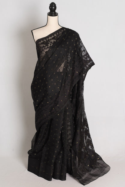 Koli : Midnight Black and Gold Soft Blended Cotton Bengali Jamdani Saree image 0
