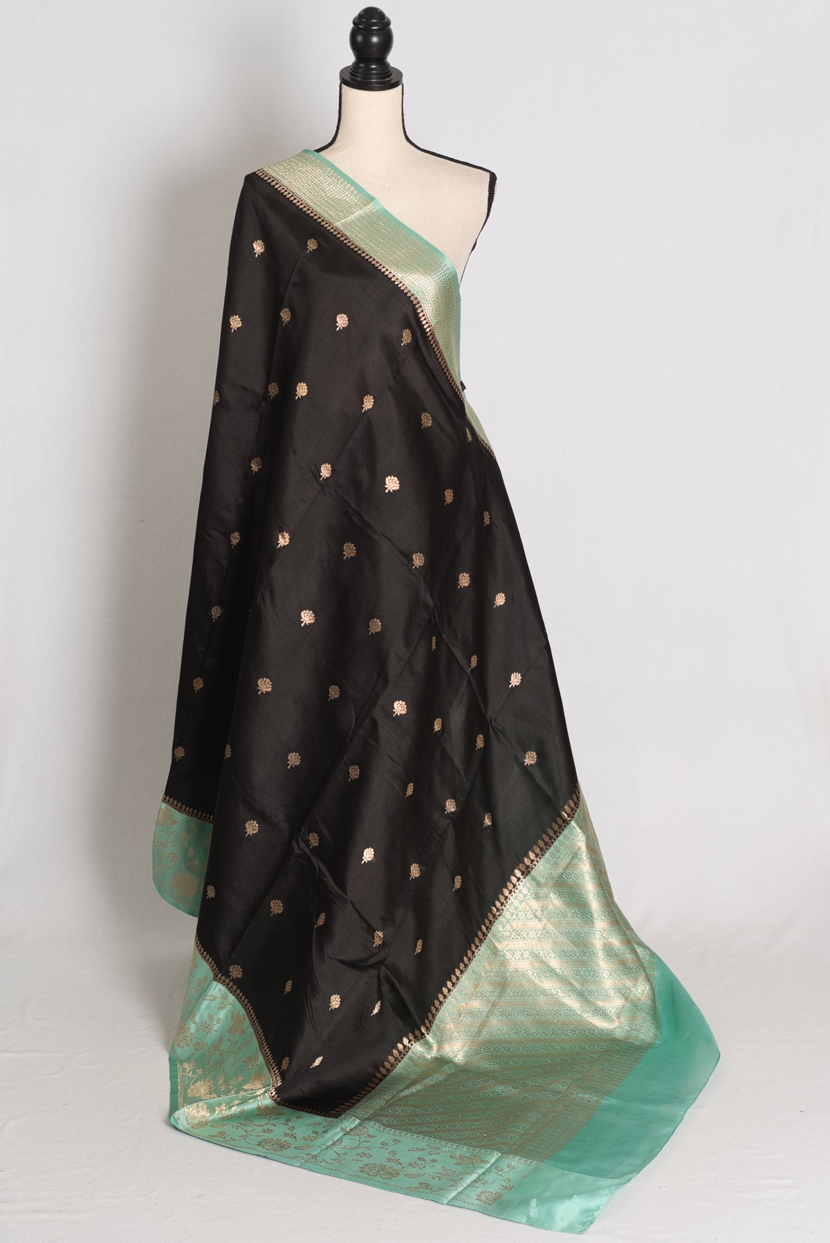 Jyothi : Jet Black & Pastel Sea Green Pure Satin Silk Banarasi Saree image 1
