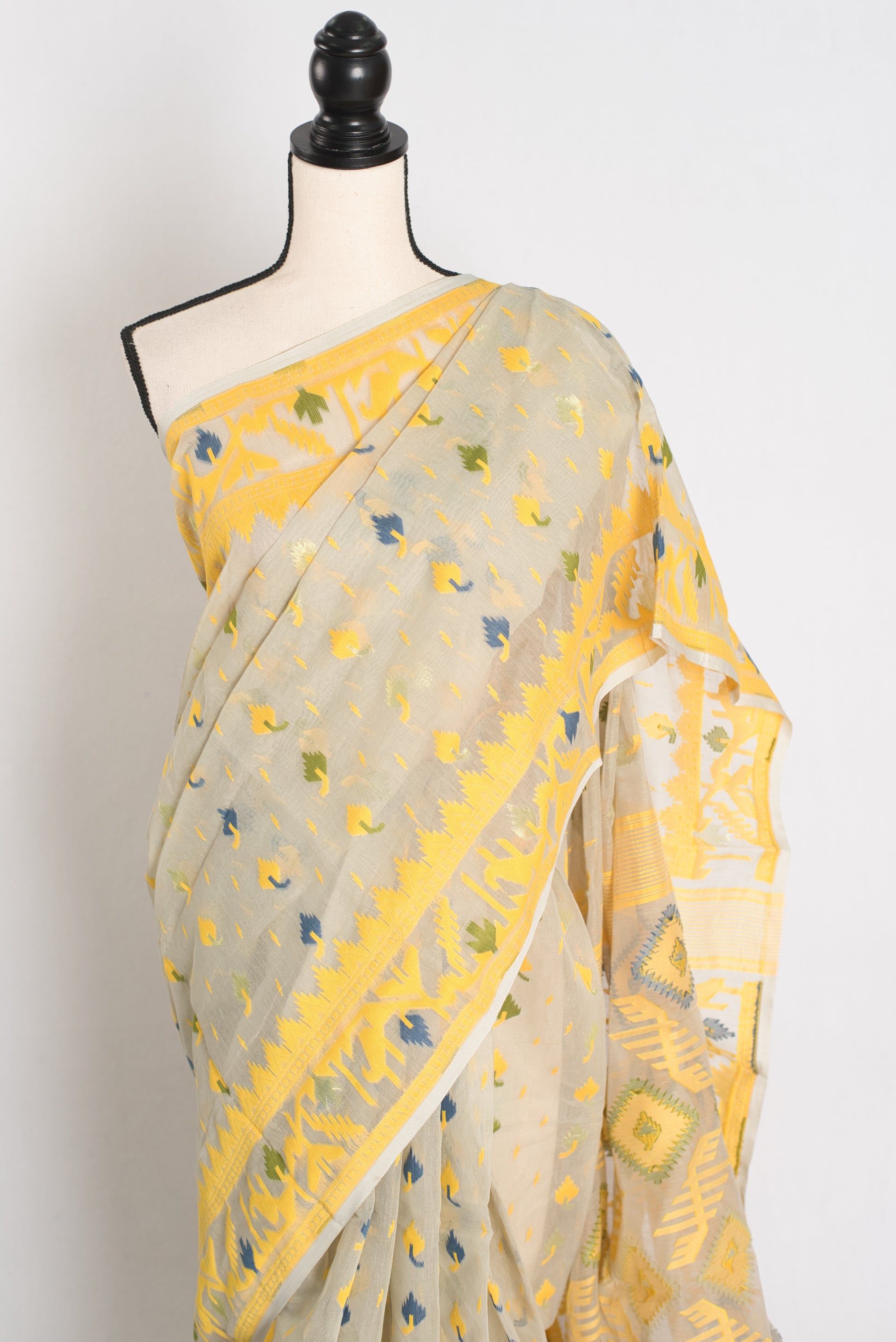 Snigdha : Brown and Yellow Blended Soft Cotton Jamdani Bengali Saree image 4