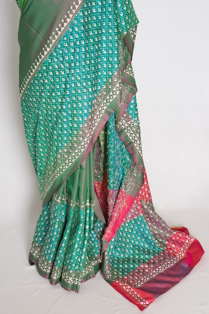 Damini : Green Semi Silk Kantha Embroidery Saree with 42 Size Stitched Blouse image 7