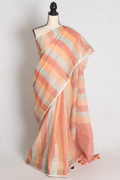Priya : Pastel Orange and Powder Blue Lateral Striped Pure Linen Saree image 0