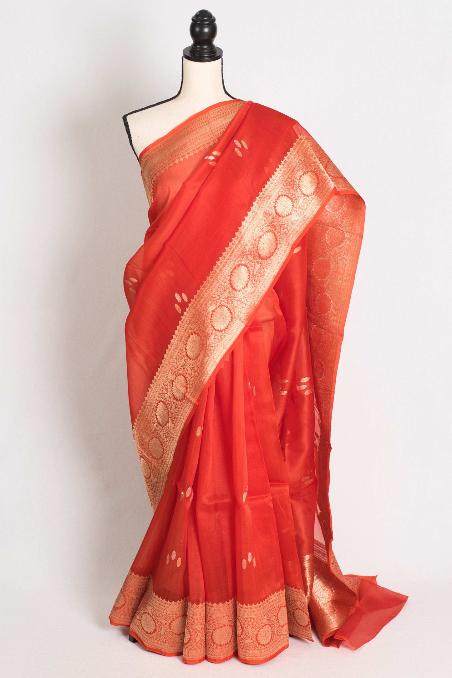 Ila : Silk Mark Certified Reddish Orange Organza Banarasi Saree with Golden Zari image 0