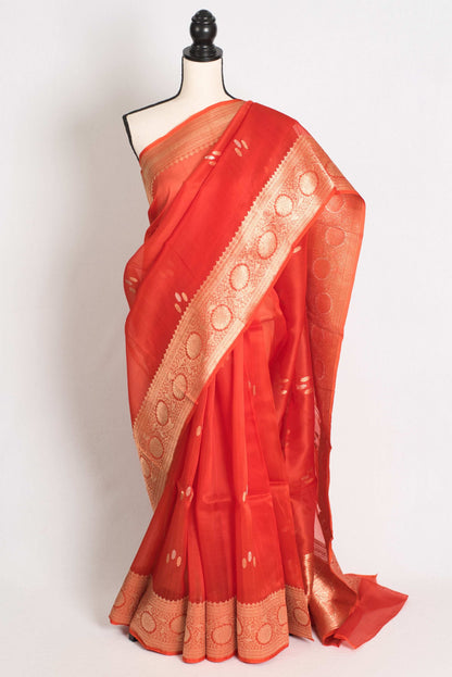 Ila : Silk Mark Certified Reddish Orange Organza Banarasi Saree with Golden Zari image 0