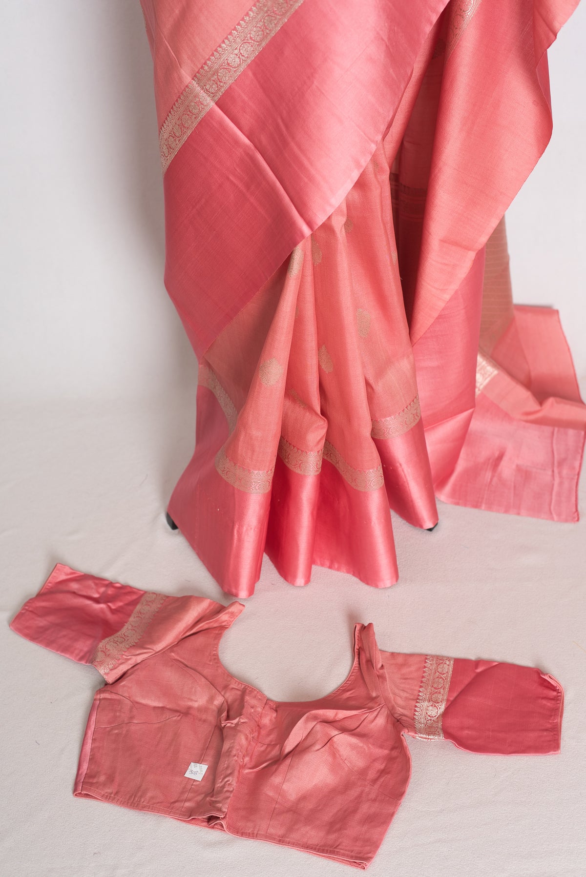 Anisha : Pastel Pink Tussar Silk Banarasi Saree with 36 Size Blouse image 1