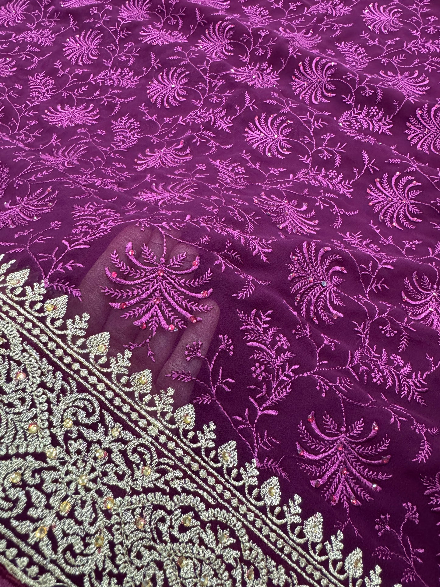 Ishq | Wine Georgette Partywear Saree | Trending Bollywood Floral Embroidery image 7