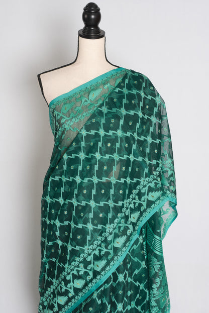 Siya : Emerald Green Soft Blended Cotton Jamdani Saree image 2