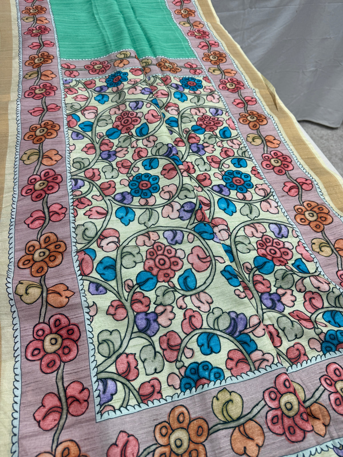 Lia | Sea Green & Off-White Semi Tussar Silk Saree | Floral Kalamkari Print image 2