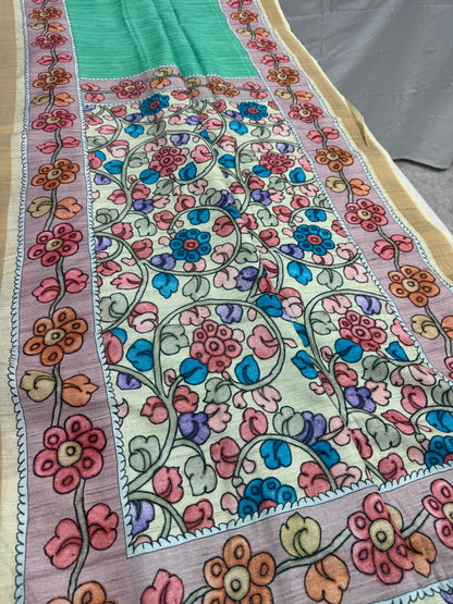 Lia | Sea Green & Off-White Semi Tussar Silk Saree | Floral Kalamkari Print image 2