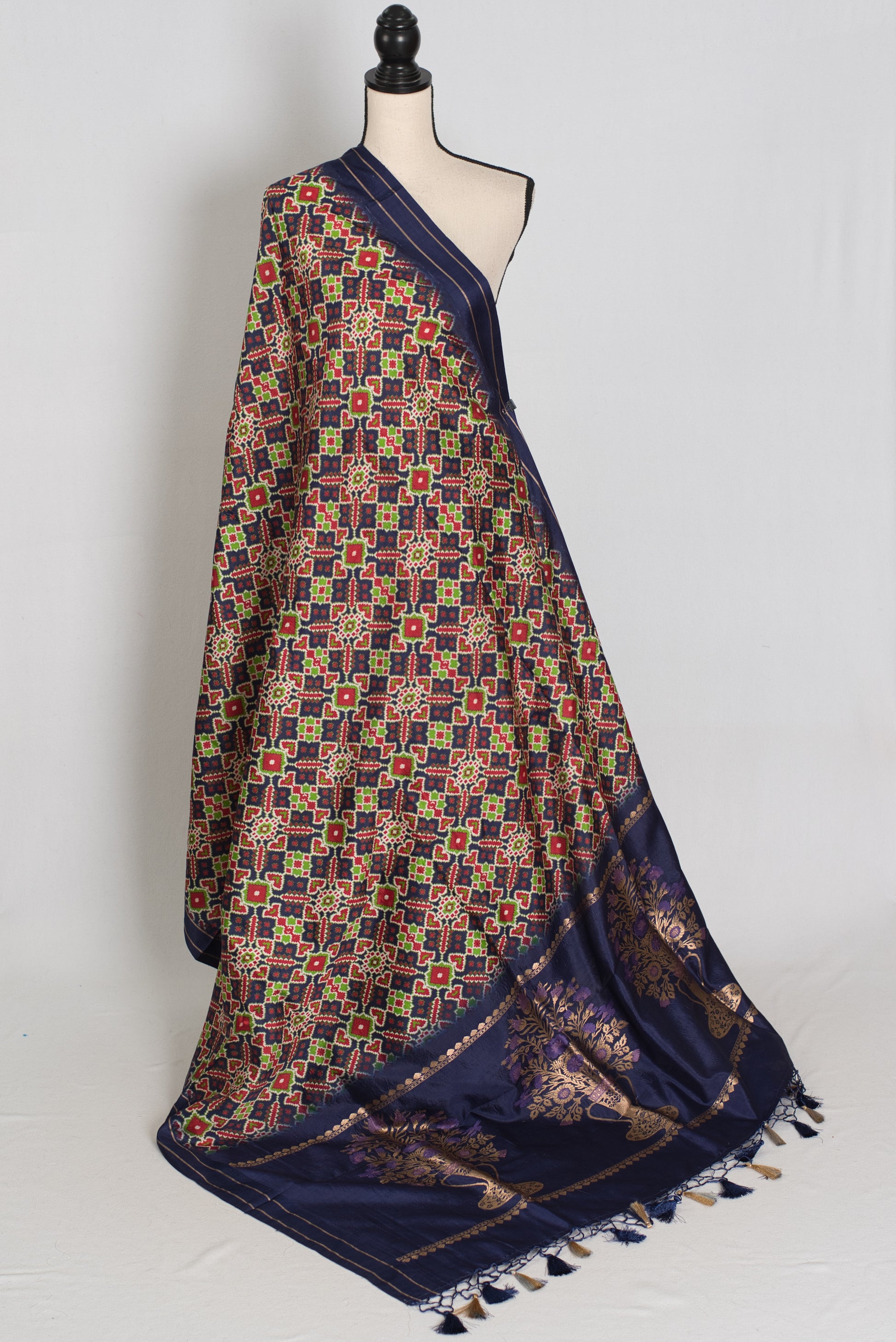 Leela : Navy Blue Ikkat Print Banarasi Silk Saree – with 36 Size Blouse image 3