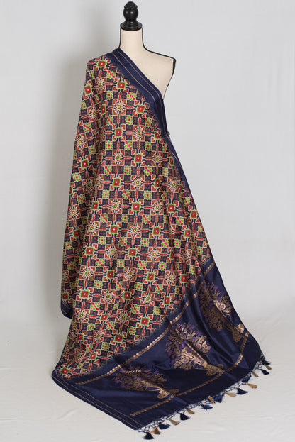 Leela : Navy Blue Ikkat Print Banarasi Silk Saree – with 36 Size Blouse image 3