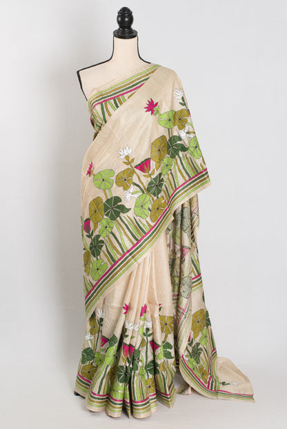 Mitra: Hand Embroidery Kantha Stitch Pure Gachi Tussar Silk Saree image 0